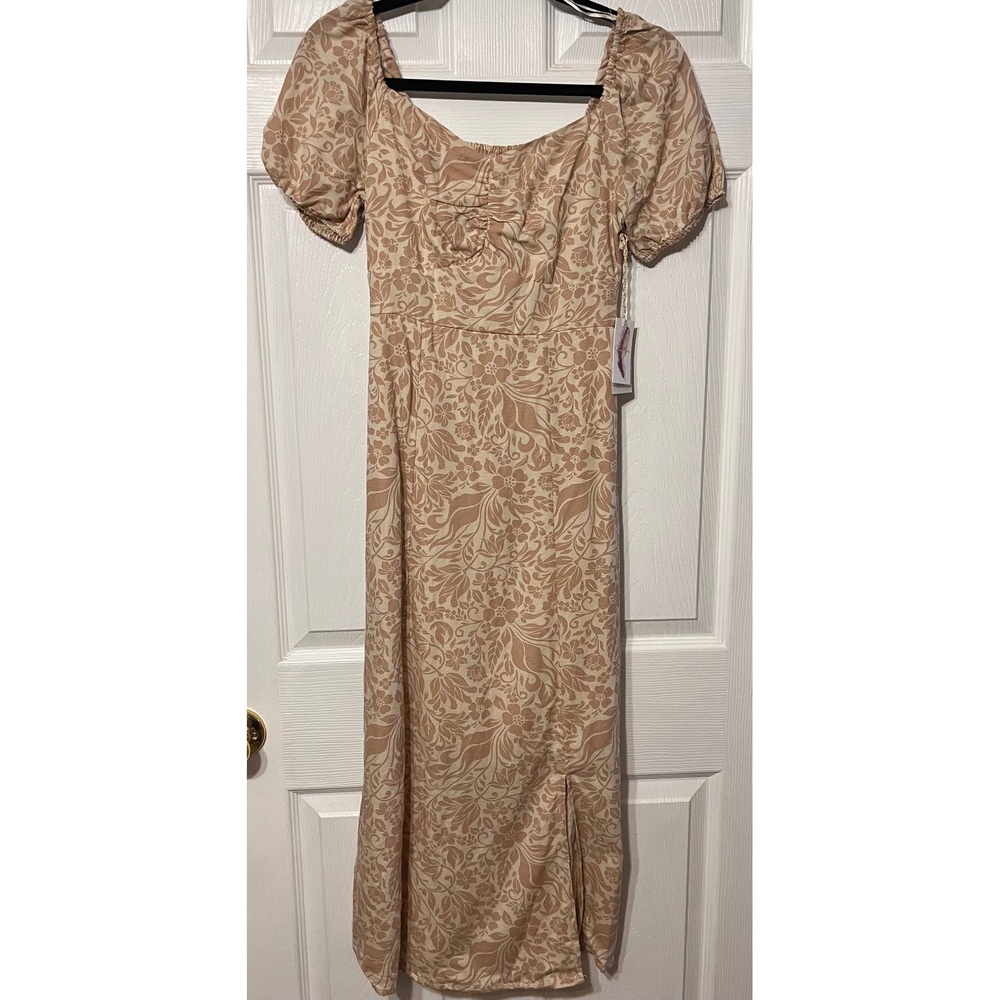 Jessica Simpson Tan Floral Linen Blend Puff Sleeve Smocked Midi Dress Small NEW